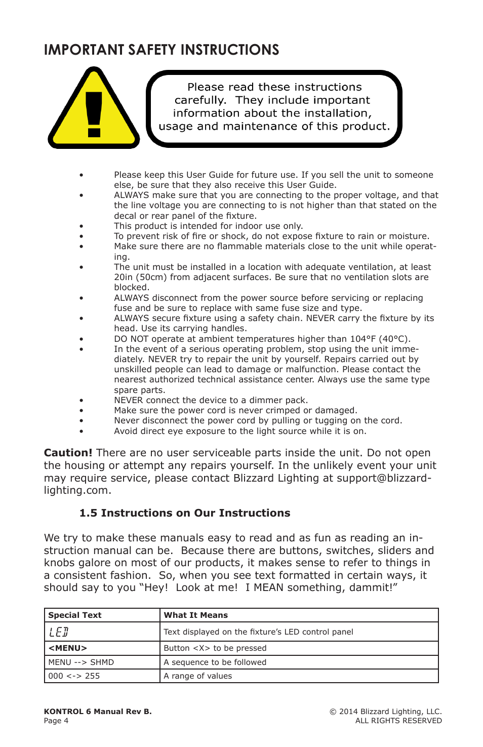 Important safety instructions | Blizzard Lighting Kontrol 6(Rev. A) User Manual | Page 4 / 20