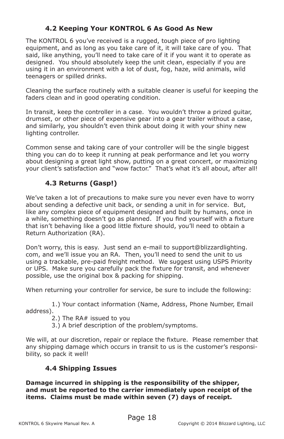 Page 18 | Blizzard Lighting Kontrol 6 Skywire(Rev. A) User Manual | Page 18 / 20
