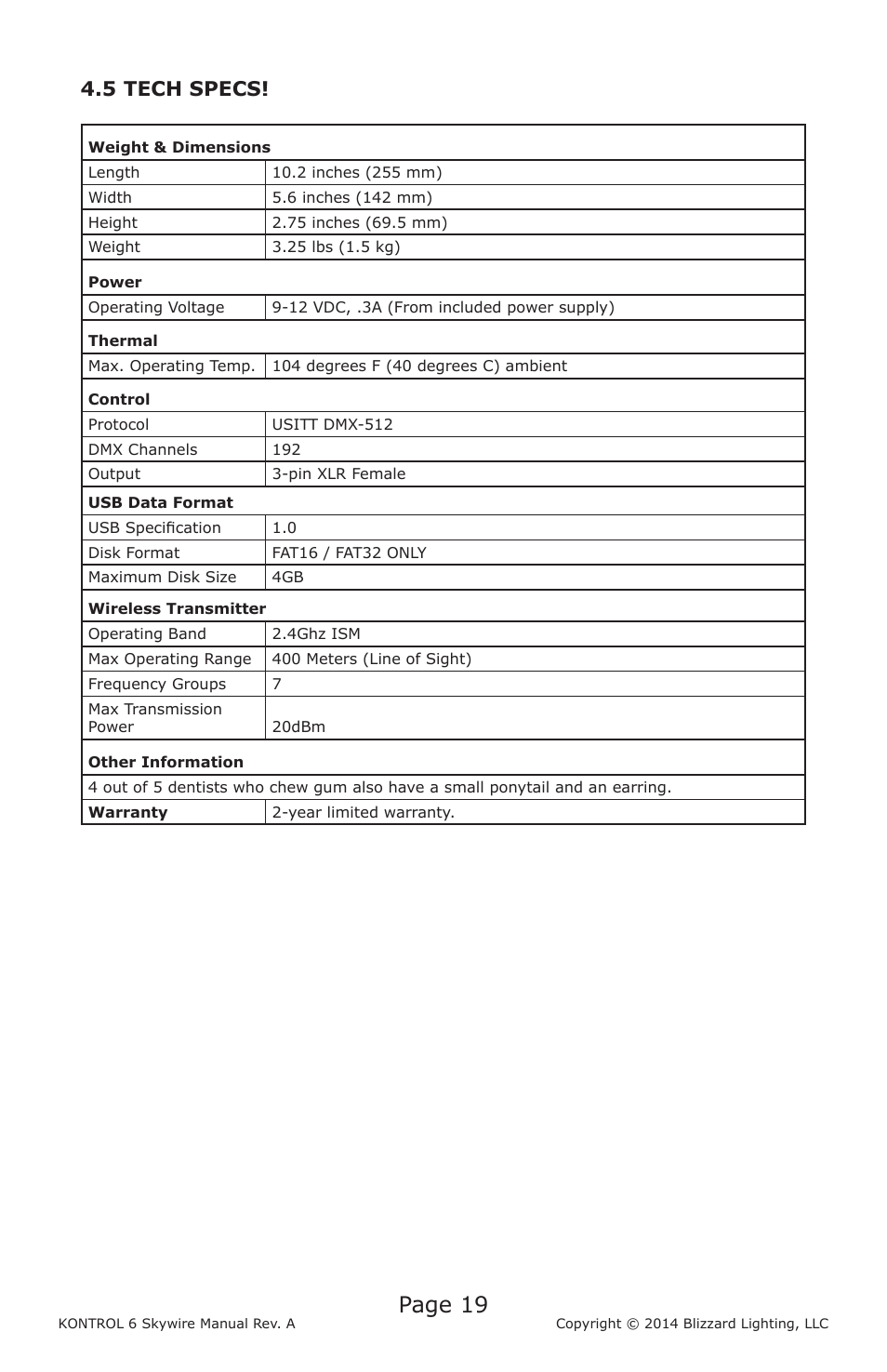 Page 19, 5 tech specs | Blizzard Lighting Kontrol 6 Skywire(Rev. A) User Manual | Page 19 / 20