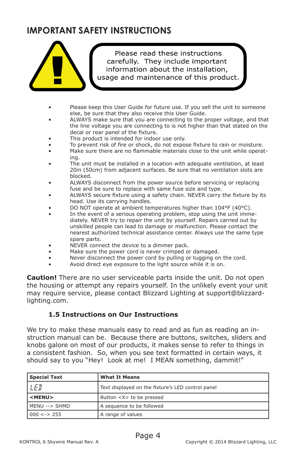 Important safety instructions, Page 4 | Blizzard Lighting Kontrol 6 Skywire(Rev. A) User Manual | Page 4 / 20