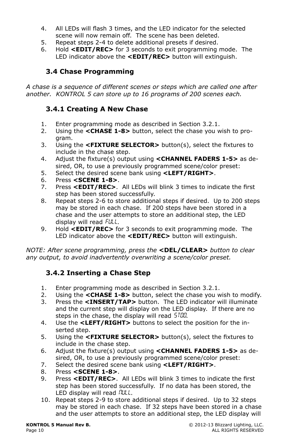 4 chase programming, 1 creating a new chase, 2 inserting a chase step | 3 deleting a chase step, Chase, Programming | Blizzard Lighting Kontrol 5(Rev. B) User Manual | Page 10 / 20