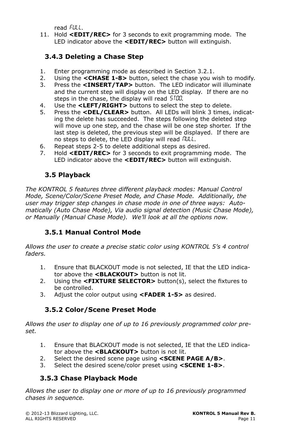 5 playback, 1 manual control mode, 2 color/scene preset mode | 3 chase playback mode, Playback, Manual, Control, Mode 11, Color/scene, Preset | Blizzard Lighting Kontrol 5(Rev. B) User Manual | Page 11 / 20