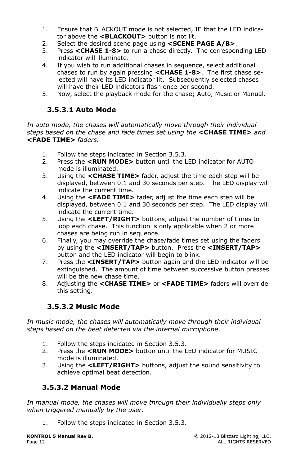 1 auto mode, 2 music mode, 2 manual mode | 4 playback override, Auto, Mode 12, Music, Mode, Manual, Playback | Blizzard Lighting Kontrol 5(Rev. B) User Manual | Page 12 / 20