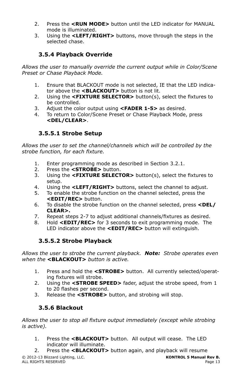 5 strobe, 6 blackout, Strobe | Setup, Playback, Blackout | Blizzard Lighting Kontrol 5(Rev. B) User Manual | Page 13 / 20