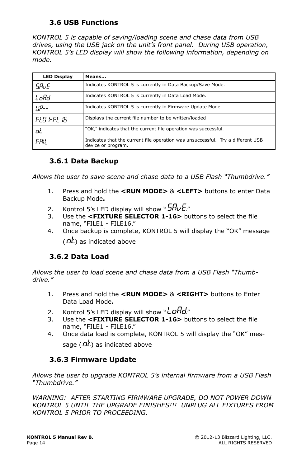 Save, Load | Blizzard Lighting Kontrol 5(Rev. B) User Manual | Page 14 / 20