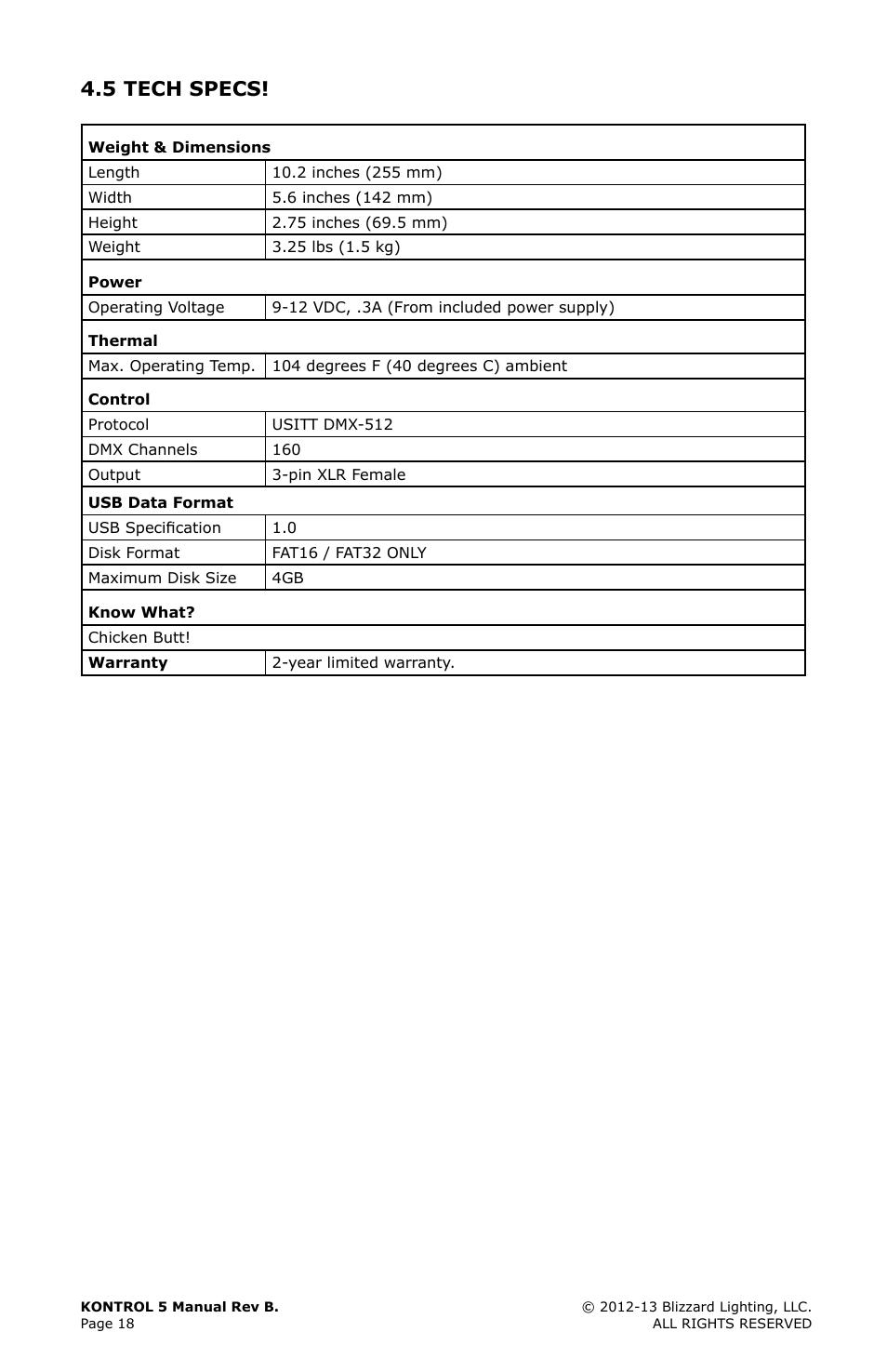 5 tech specs, Tech, Specs | Blizzard Lighting Kontrol 5(Rev. B) User Manual | Page 18 / 20