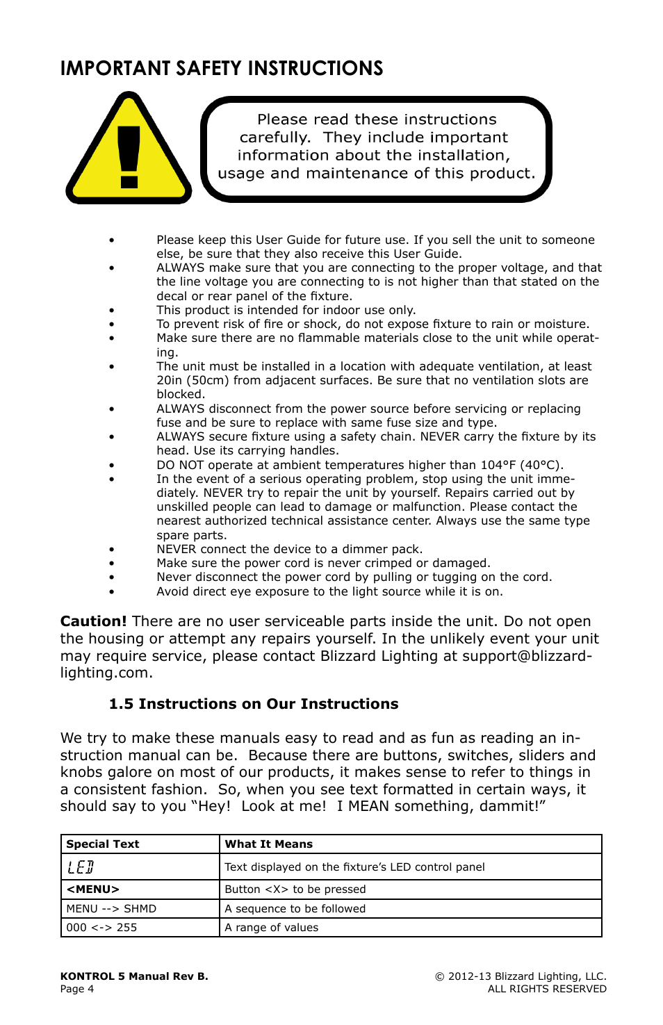 Important safety instructions, 5 instructions on our instructions, Important | Safety, Instructions | Blizzard Lighting Kontrol 5(Rev. B) User Manual | Page 4 / 20