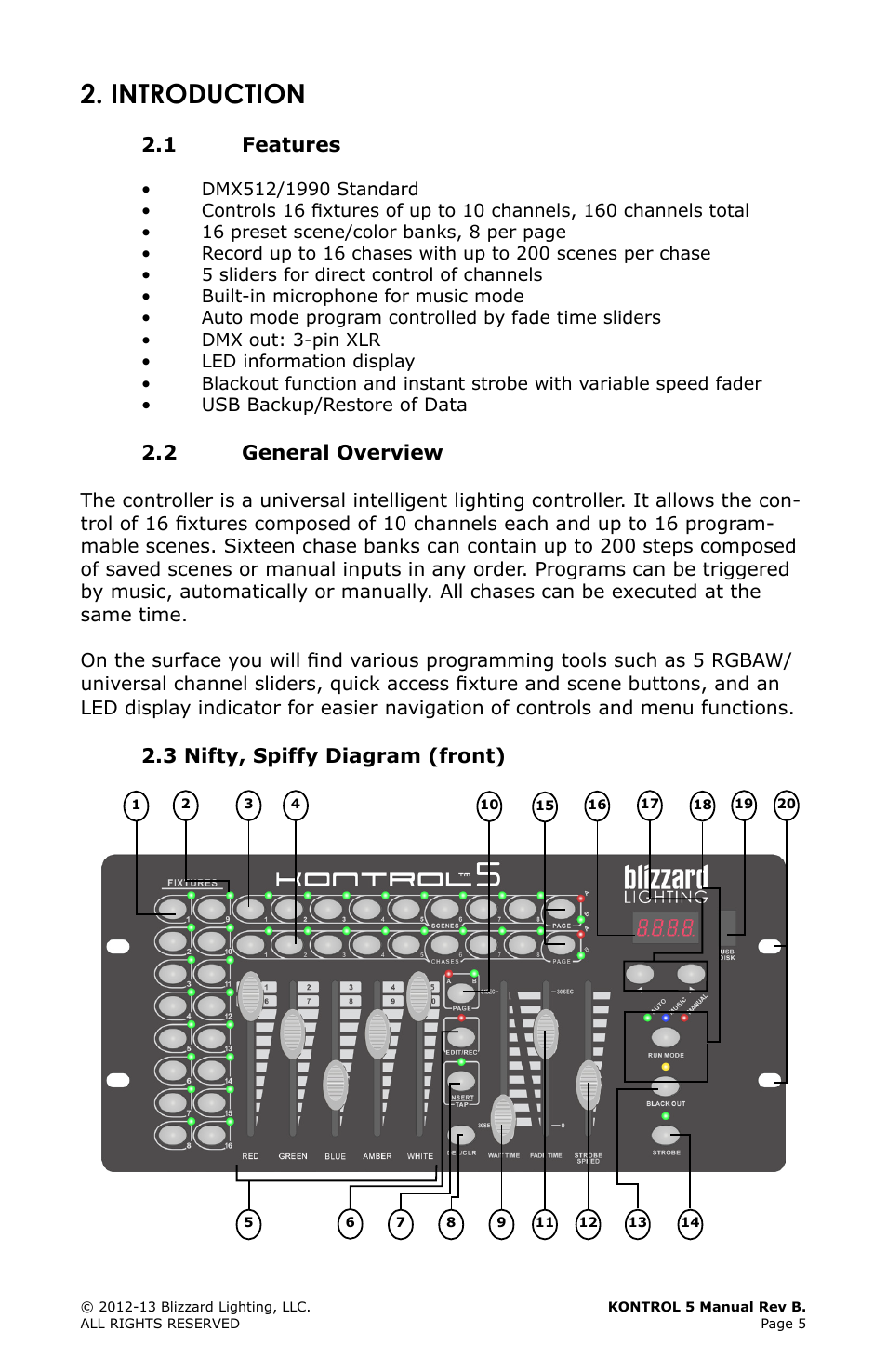 Introduction, 1 features, 2 general overview | 3 nifty, spiffy diagram (front), Features, General, Overview, Nifty, spiffy diagram (front) | Blizzard Lighting Kontrol 5(Rev. B) User Manual | Page 5 / 20
