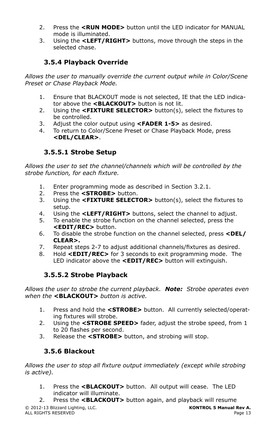 5 strobe, 6 blackout, Strobe | Setup, Playback, Blackout | Blizzard Lighting Kontrol 5(Rev. A) User Manual | Page 13 / 20