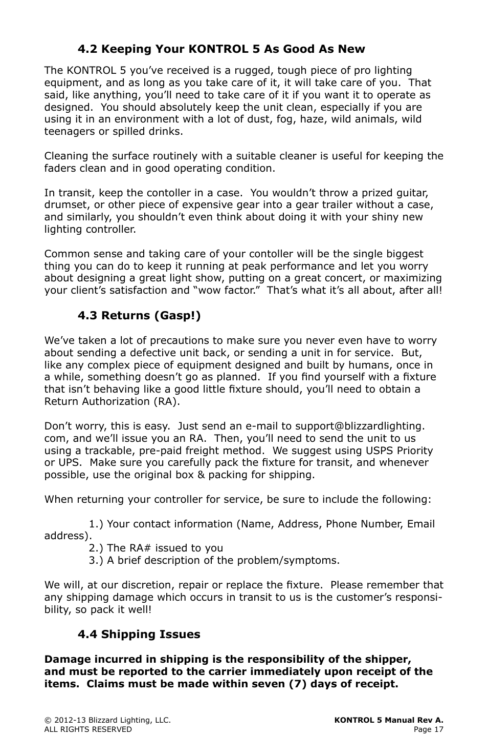 2 keeping your klimatekontrol as good as new, 3 returns (gasp!), 4 shipping issues | 2 keeping your kontrol 5 as good as new, 3 returns (gasp!) & shipping issues | Blizzard Lighting Kontrol 5(Rev. A) User Manual | Page 17 / 20
