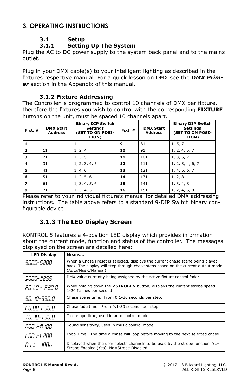 Operating instructions, 1 setup, 1 setting up the system | 2 fixture addressing, 3 the led display screen, Operating, Instructions 8, Setup, Fixture, Addressing | Blizzard Lighting Kontrol 5(Rev. A) User Manual | Page 8 / 20