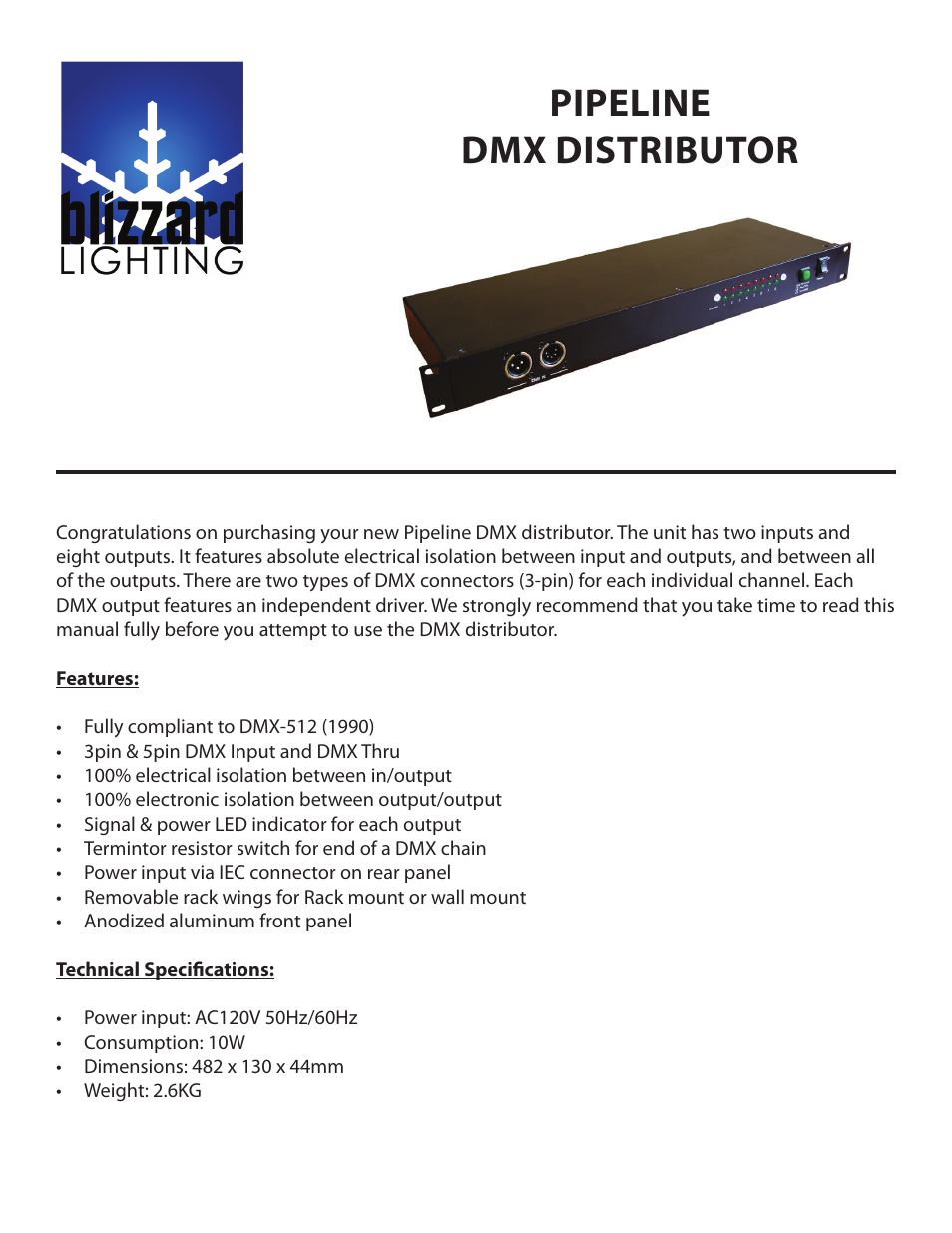 Blizzard Lighting Pipeline DMX Distributor (Rev A) User Manual | 2 pages