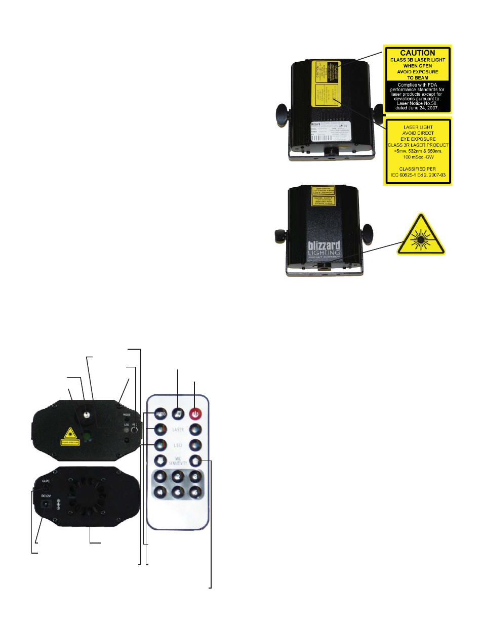 Laser safety label reproduction, Laser safety requirements, Features troubleshooting | Specifications | Blizzard Lighting Pocket Photon (Rev A) User Manual | Page 2 / 2