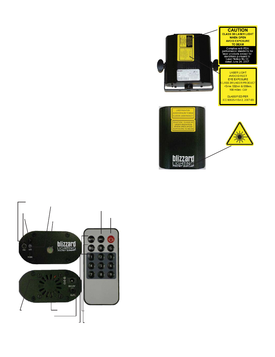 Features laser safety label reproduction, Laser safety requirements, Troubleshooting | Specifications | Blizzard Lighting Pocket Quasar (Rev A) User Manual | Page 2 / 2