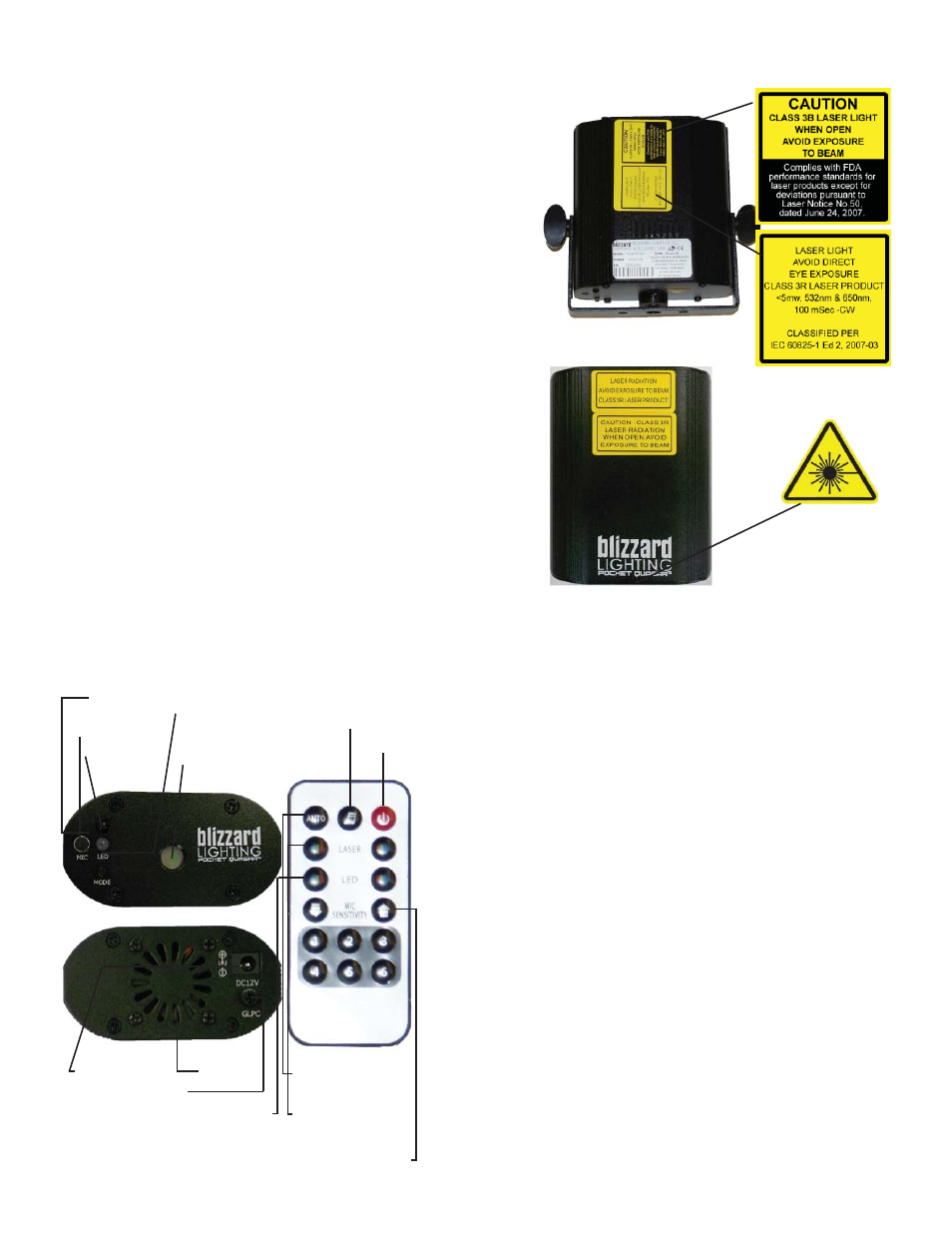 Laser safety label reproduction, Laser safety requirements, Features troubleshooting | Specifications | Blizzard Lighting Pocket Rocket(Rev A) User Manual | Page 2 / 2