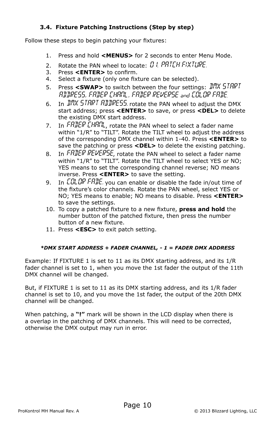 Page 10, Patch fixture, Dmx start address, fader chanl, fader reverse | Color fade, Dmx start address, Fader chanl, Fader reverse | Blizzard Lighting ProKontrol MH(Rev A) User Manual | Page 10 / 20