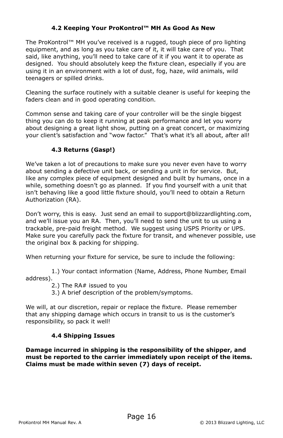 Page 16 | Blizzard Lighting ProKontrol MH(Rev A) User Manual | Page 16 / 20