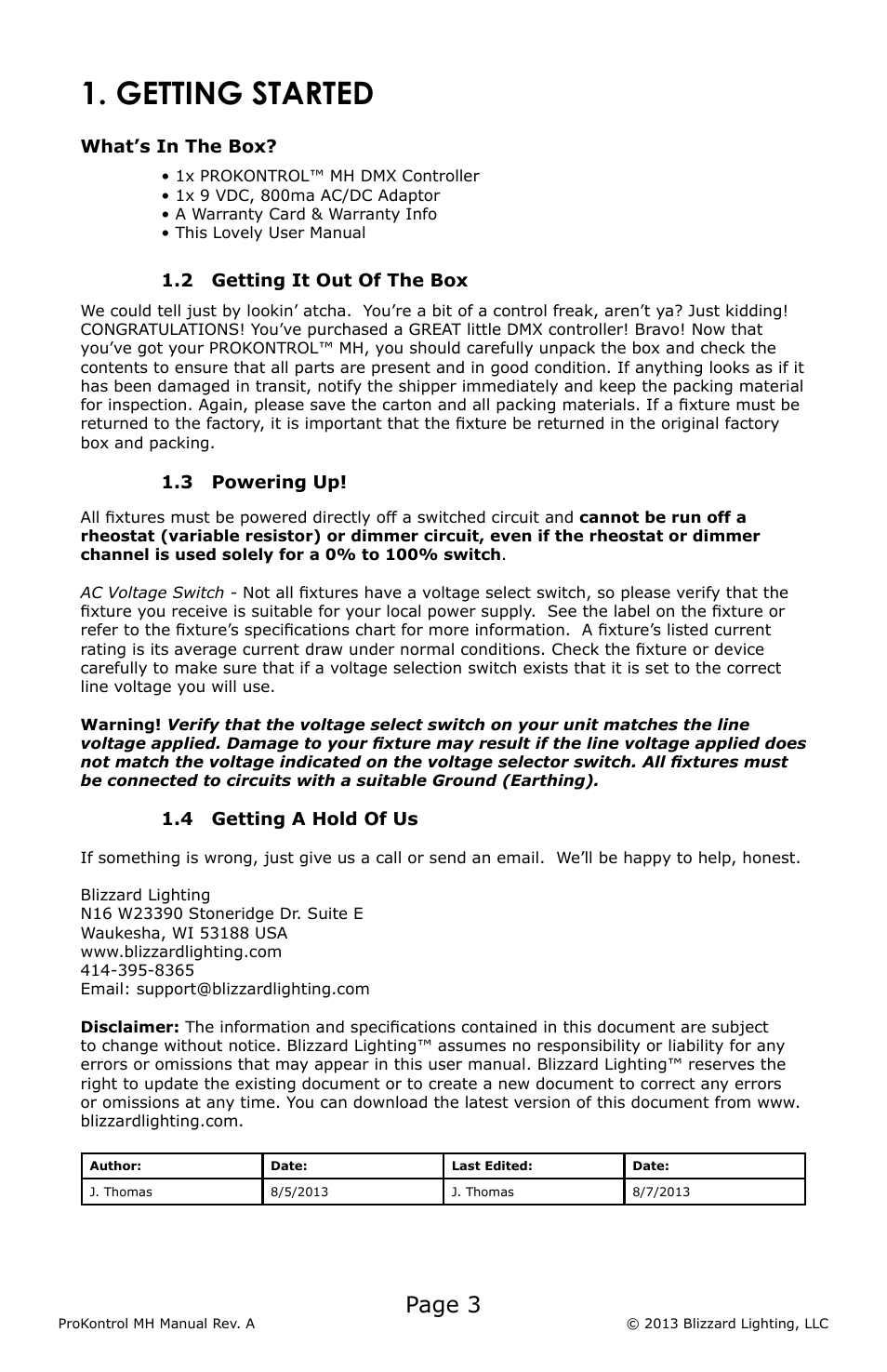 Getting started, Page 3 | Blizzard Lighting ProKontrol MH(Rev A) User Manual | Page 3 / 20