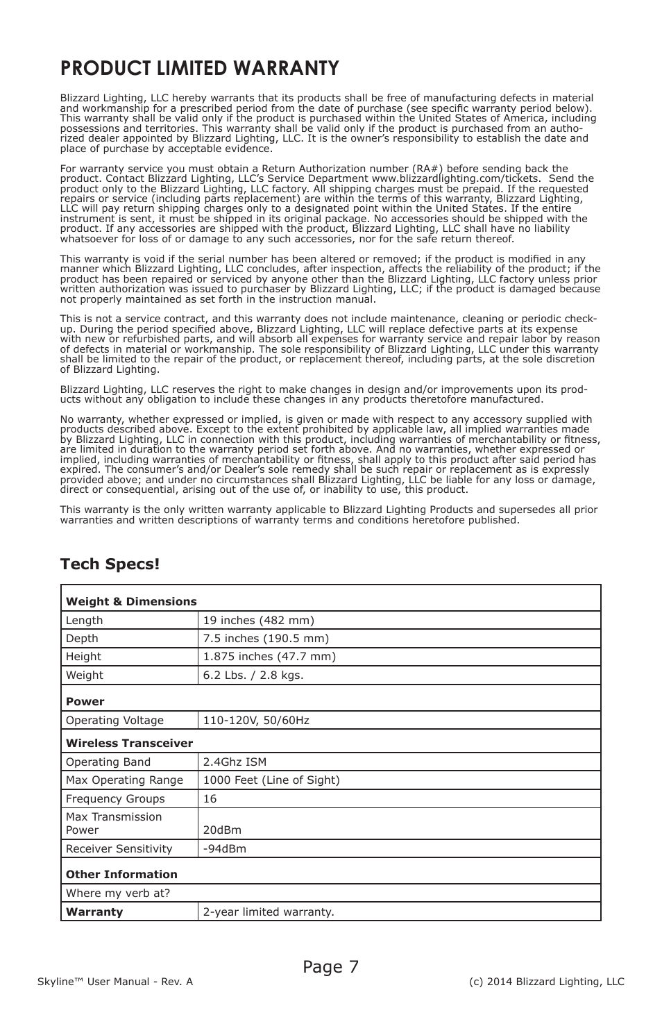 Product limited warranty, Page 7, Tech specs | Blizzard Lighting Skyline User Manual | Page 7 / 8