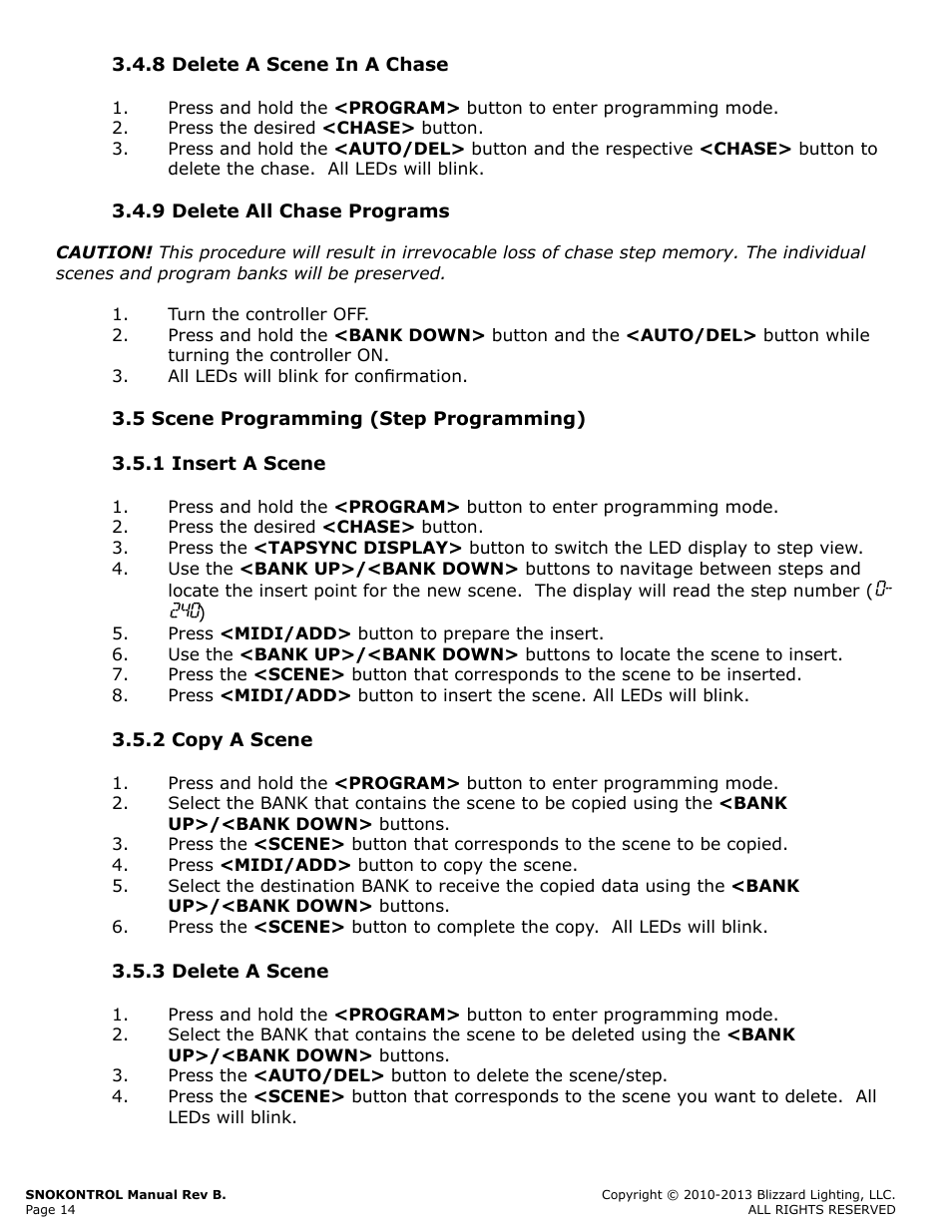 8 delete a scene in a chase, 9 delete all chase programs, 5 scene programming (step programming) | 1 insert a scene, 2 copy a scene, 3 delete a scene, Delete, Scene, Chase, Programs | Blizzard Lighting SnoKontrol (Rev B) User Manual | Page 14 / 20