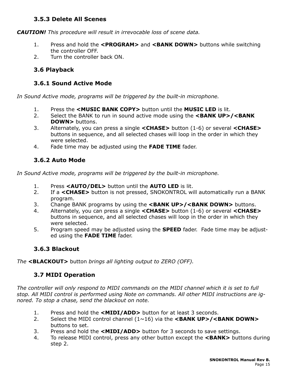 3 delete all scenes, 6 playback, 1 sound active mode | 2 auto mode, 3 blackout, 7 midi operation, Delete, Scenes, Playback 14, Sound | Blizzard Lighting SnoKontrol (Rev B) User Manual | Page 15 / 20