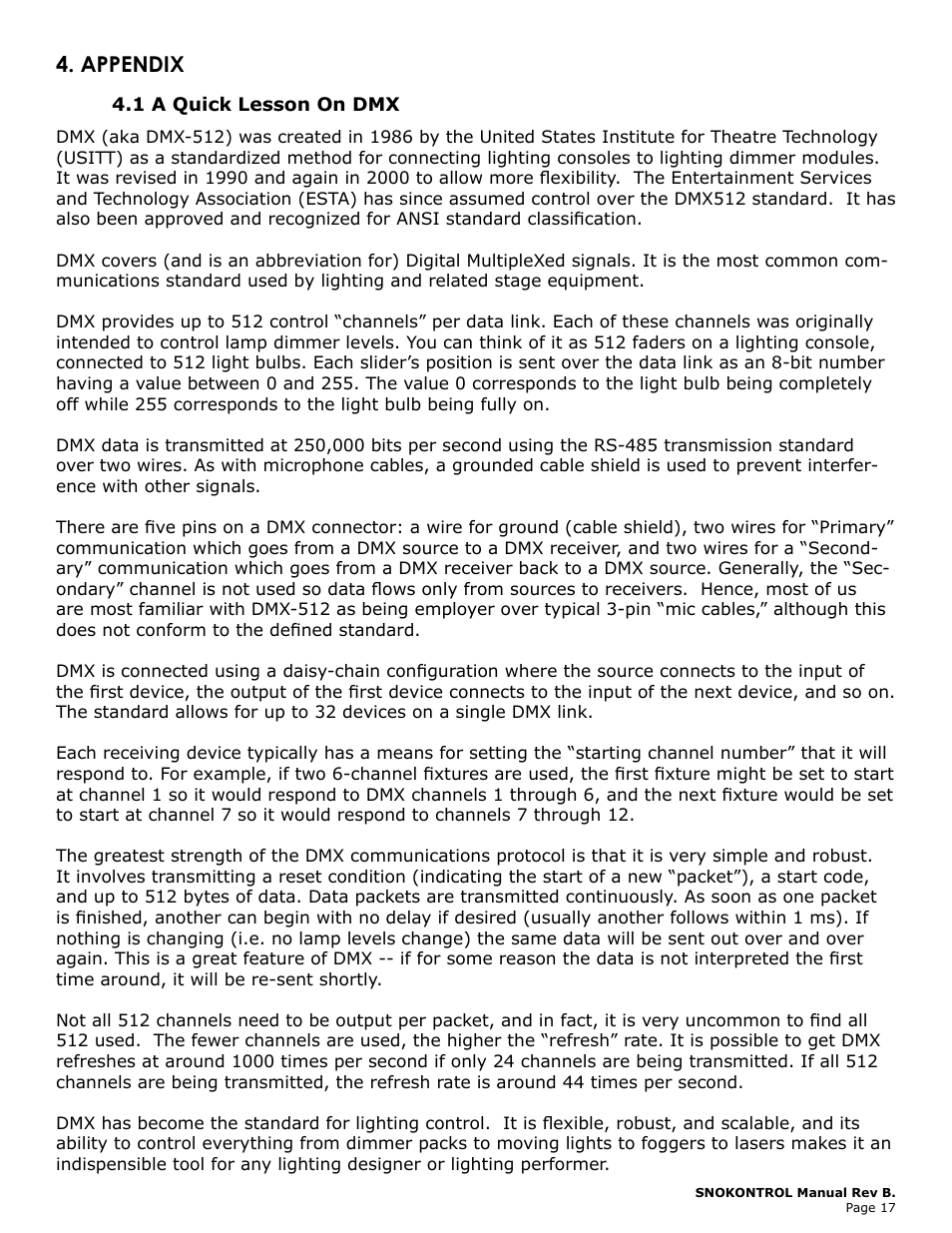 Appendix, 1 a quick lesson on dmx, Quick | Lesson | Blizzard Lighting SnoKontrol (Rev B) User Manual | Page 17 / 20
