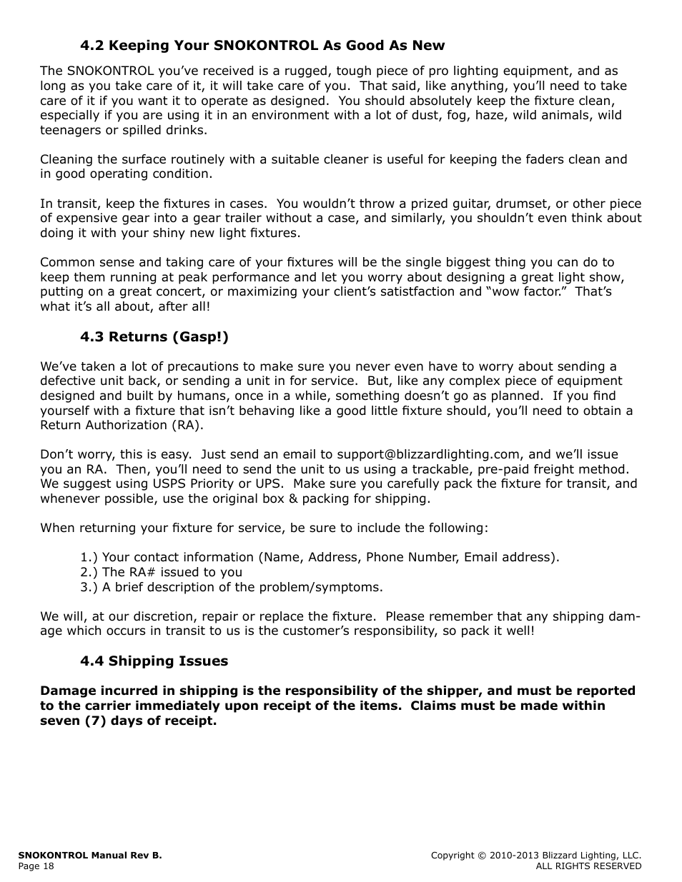 2 keeping your snokontrol as good as new, 3 returns (gasp!), 4 shipping issues | Returns, Gasp!), Shipping, Issues | Blizzard Lighting SnoKontrol (Rev B) User Manual | Page 18 / 20