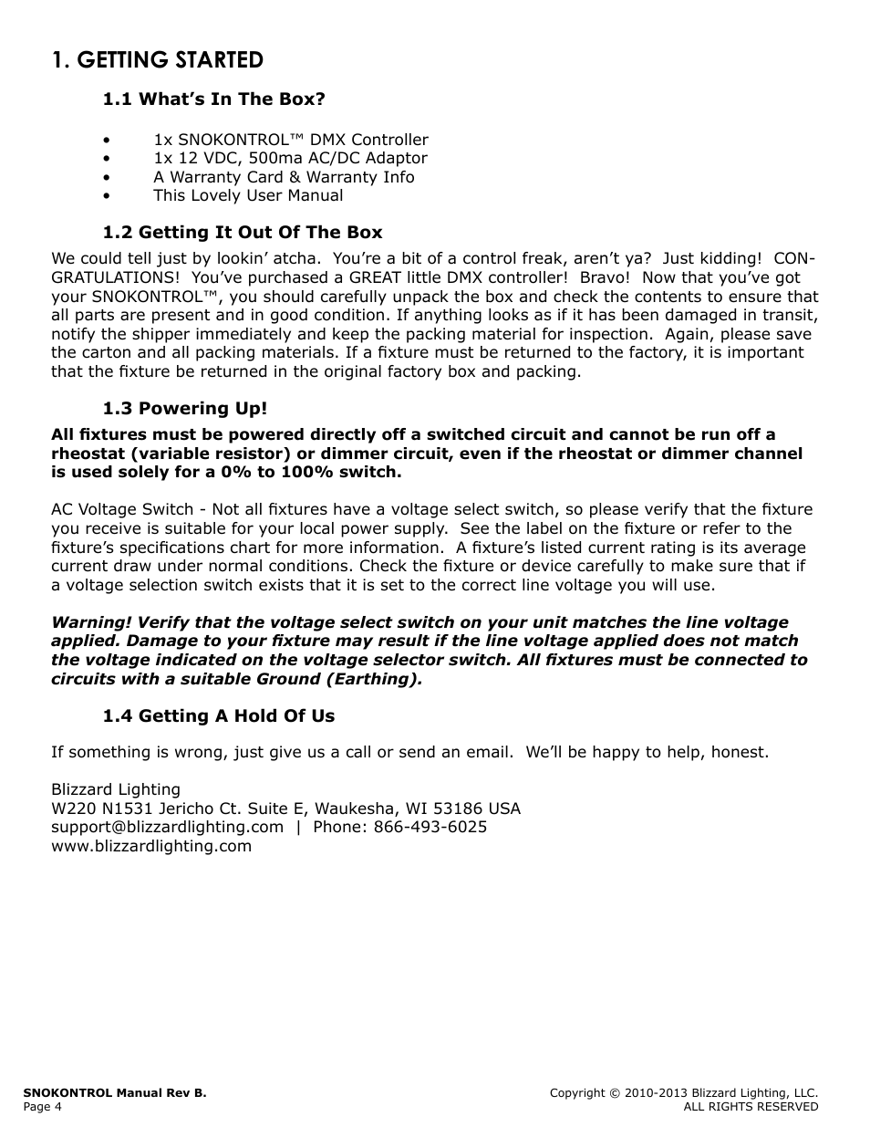 Getting started, 1 what’s in the box, 2 getting it out of the box | 3 powering up, 4 getting a hold of us, Getting, Started 3, What’s, Powering, Hold | Blizzard Lighting SnoKontrol (Rev B) User Manual | Page 4 / 20
