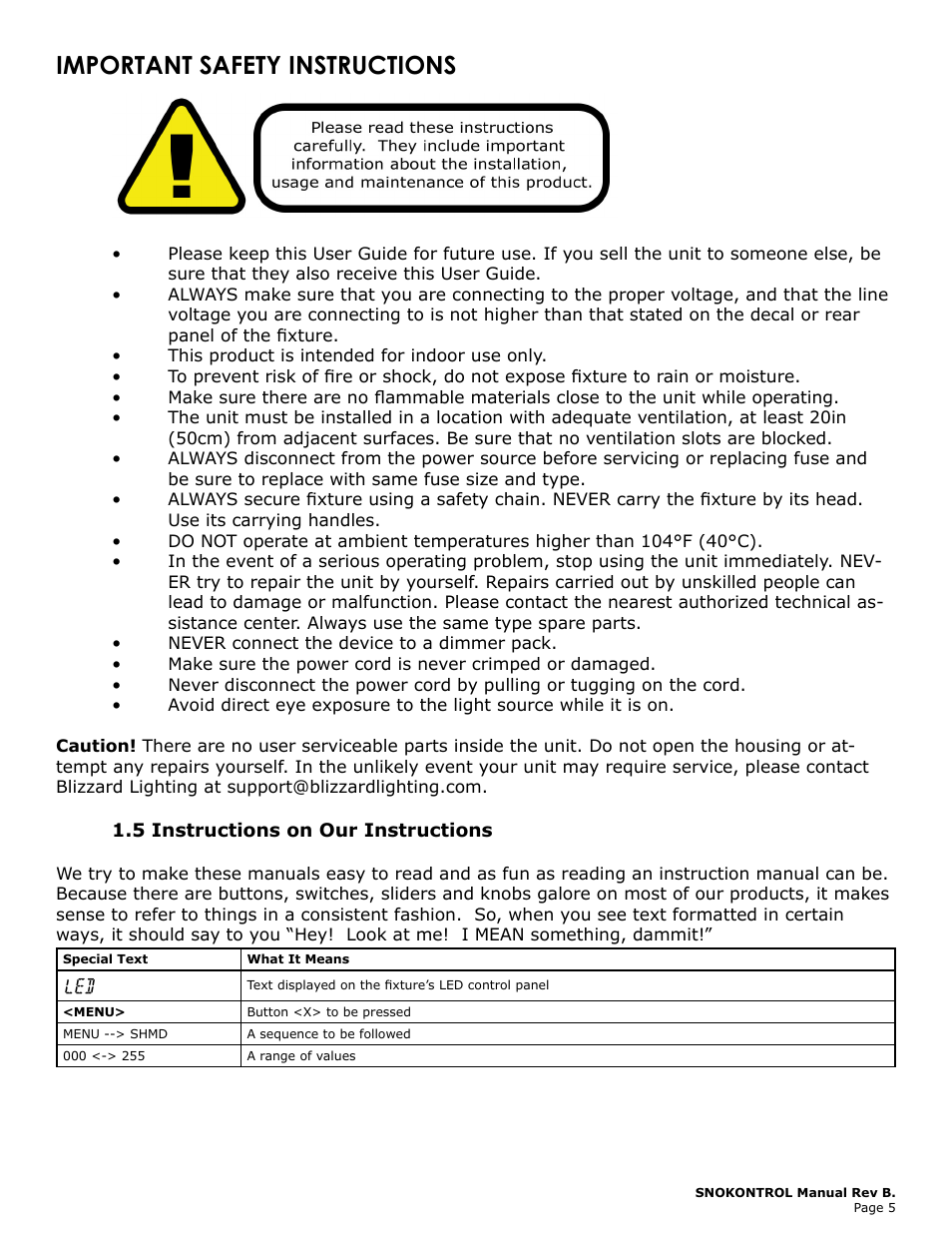 Important safety instructions, 5 instructions on our instructions, Important | Safety, Instructions, Instructions 4 | Blizzard Lighting SnoKontrol (Rev B) User Manual | Page 5 / 20