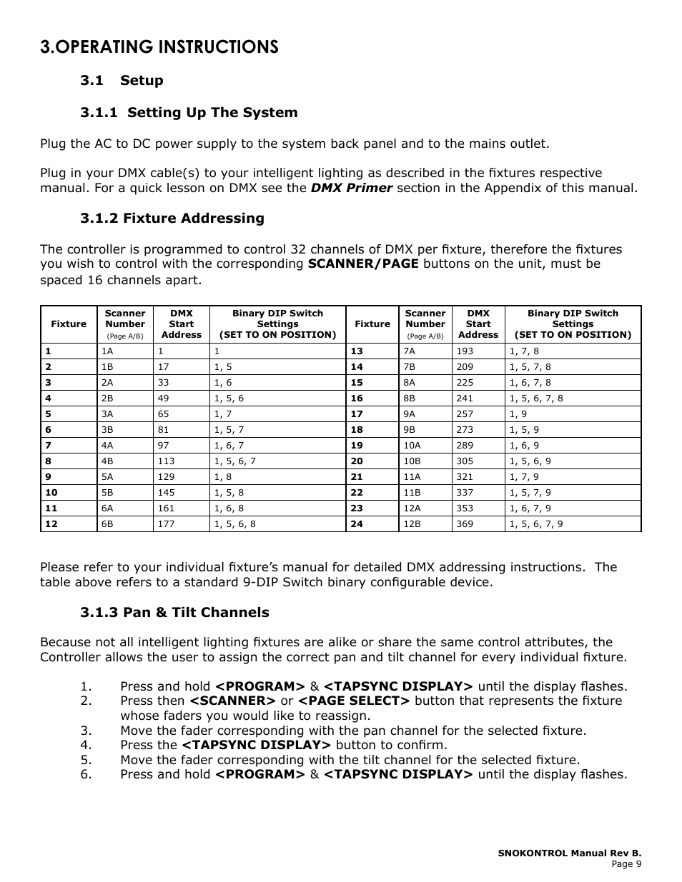 Operating instructions, 1 setup, 1 setting up the system | 2 fixture addressing, 3 pan & tilt channels, Operating, Instructions, Setup, Setting, System | Blizzard Lighting SnoKontrol (Rev B) User Manual | Page 9 / 20