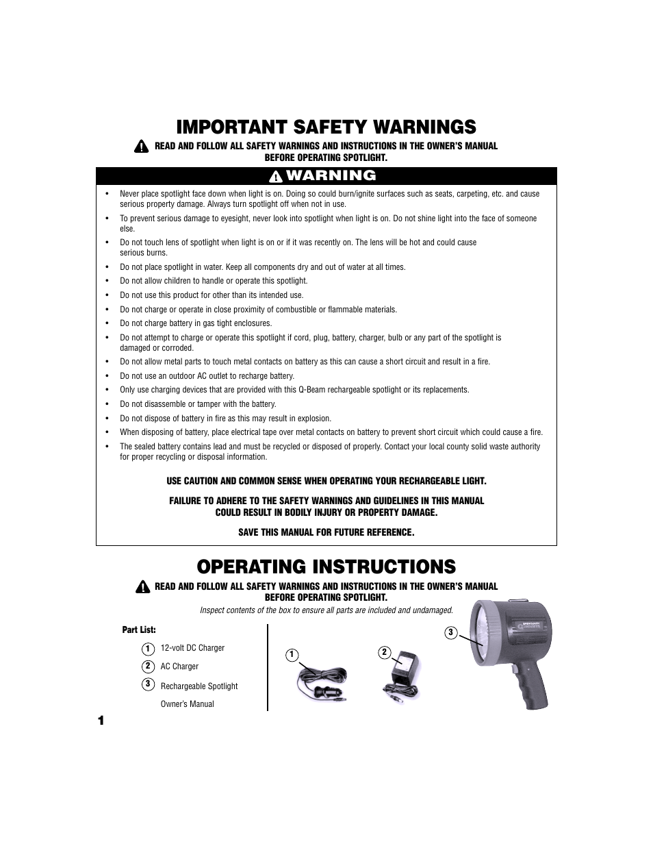 Operating instructions, Important safety warnings, Warning | Brinkmann 800-1700-0 User Manual | Page 2 / 4