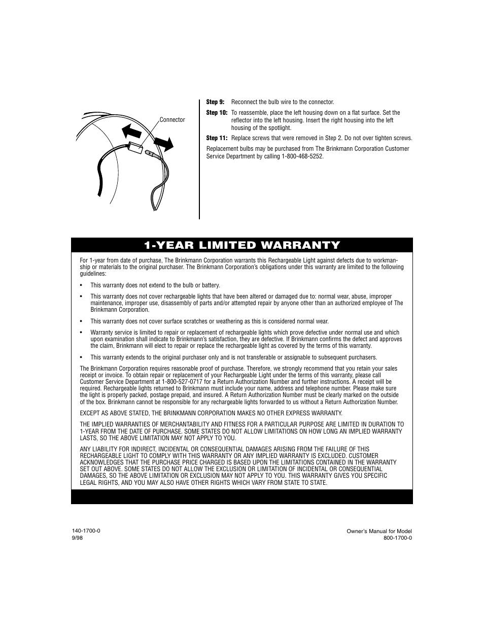 Year limited warranty | Brinkmann 800-1700-0 User Manual | Page 4 / 4