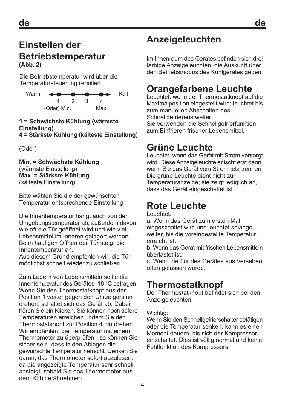 Einstellen der betriebstemperatur, Anzeigeleuchten, Orangefarbene leuchte | Grüne leuchte, Rote leuchte, Thermostatknopf | Blomberg FSM 9550 User Manual | Page 19 / 71