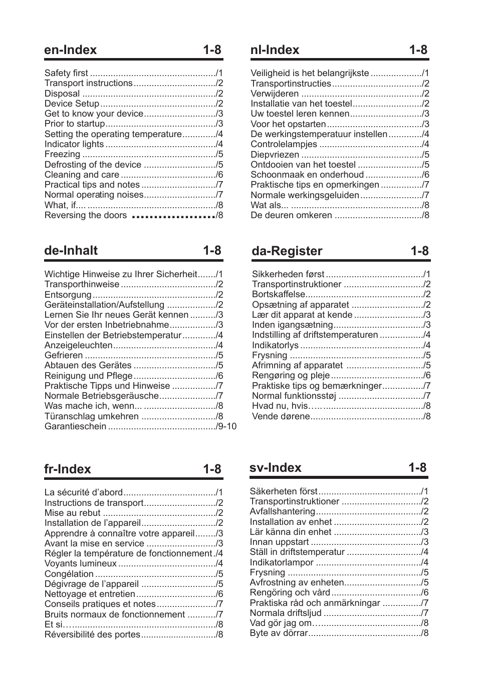 En-index 1-8, De-inhalt 1-8, Da-register 1-8 | Fr-index 1-8, Nl-index 1-8, Sv-index 1-8 | Blomberg FSM 9550 User Manual | Page 2 / 71