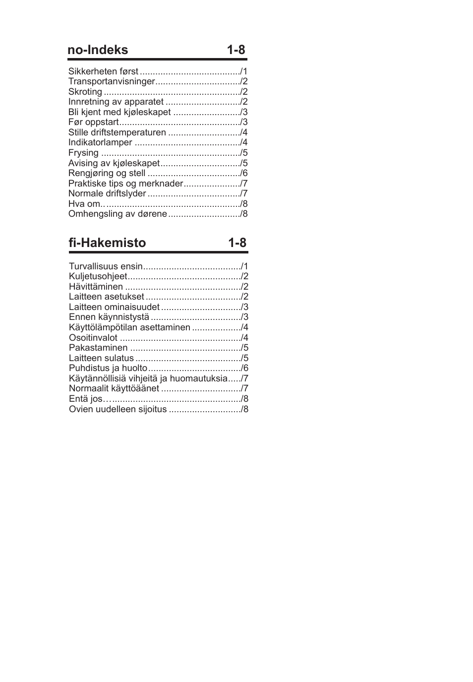 Fi-hakemisto 1-8, No-indeks 1-8 | Blomberg FSM 9550 User Manual | Page 3 / 71