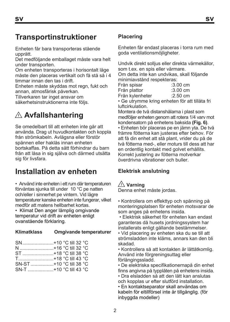 Transportinstruktioner, Avfallshantering, Installation av enheten | Blomberg FSM 9550 User Manual | Page 52 / 71