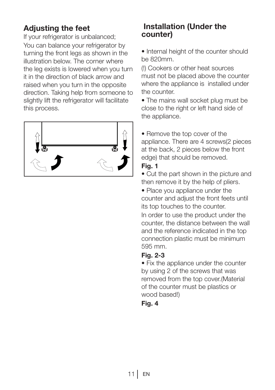 Installation (under the counter), Adjusting the feet | Blomberg TSM 1541 A User Manual | Page 12 / 91