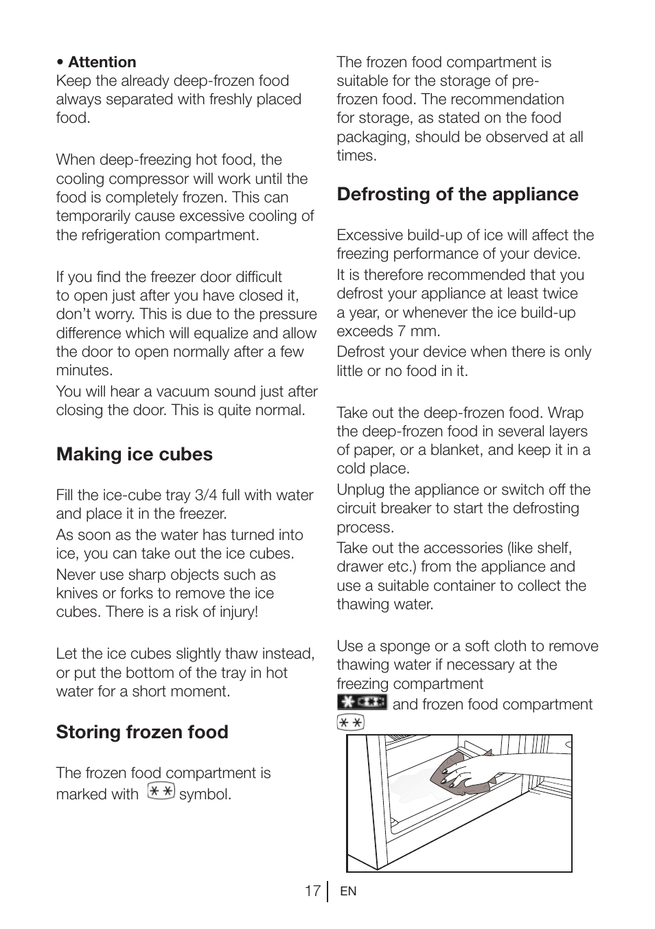 Making ice cubes, Storing frozen food, Defrosting of the appliance | Blomberg TSM 1541 A User Manual | Page 18 / 91