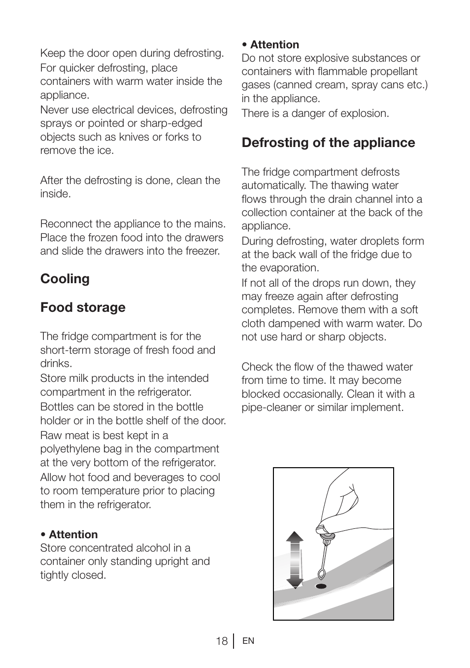 Cooling food storage, Defrosting of the appliance | Blomberg TSM 1541 A User Manual | Page 19 / 91