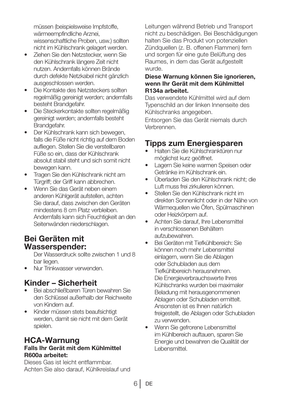 Bei geräten mit wasserspender, Kinder – sicherheit, Hca-warnung | Tipps zum energiesparen | Blomberg TSM 1541 A User Manual | Page 29 / 91