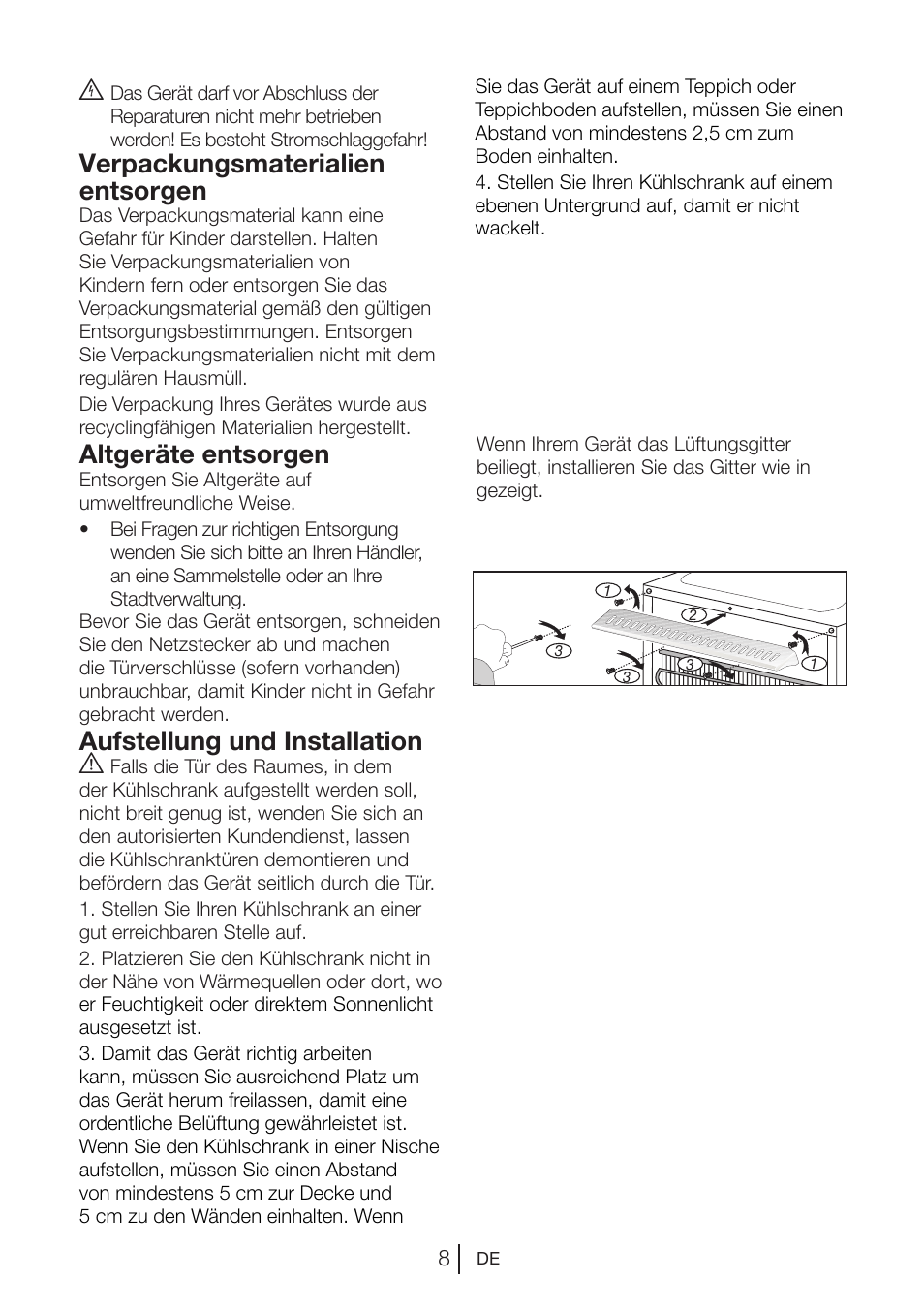 Verpackungsmaterialien entsorgen, Altgeräte entsorgen, Aufstellung und installation a | Blomberg TSM 1541 A User Manual | Page 31 / 91