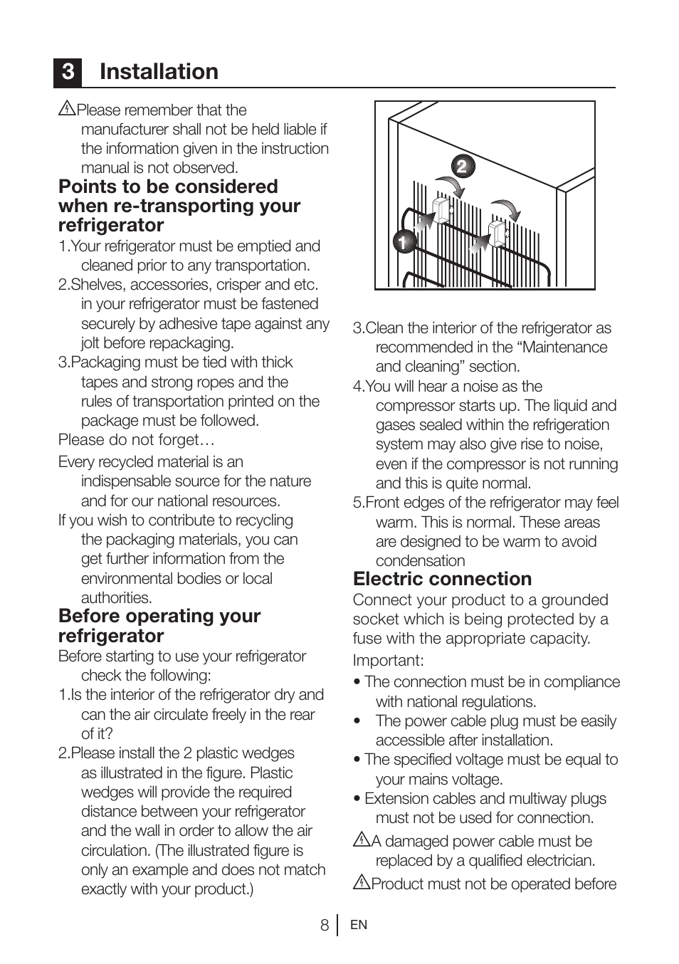 3installation, Before operating your refrigerator, Electric connection | Blomberg TSM 1541 A User Manual | Page 9 / 91