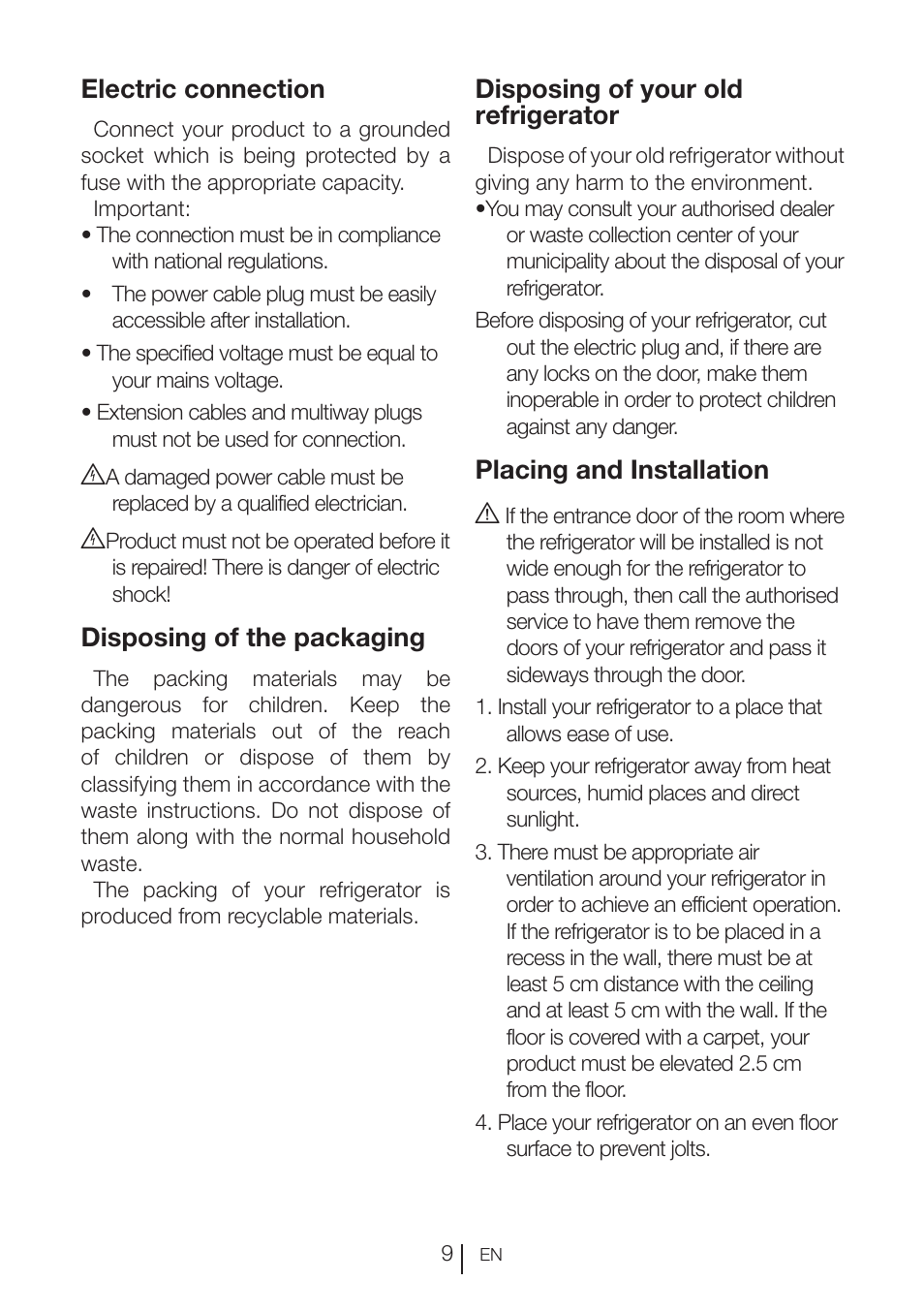 Electric connection, Disposing of the packaging, Disposing of your old refrigerator | Placing and installation a | Blomberg FTM 1531 A+ User Manual | Page 10 / 86