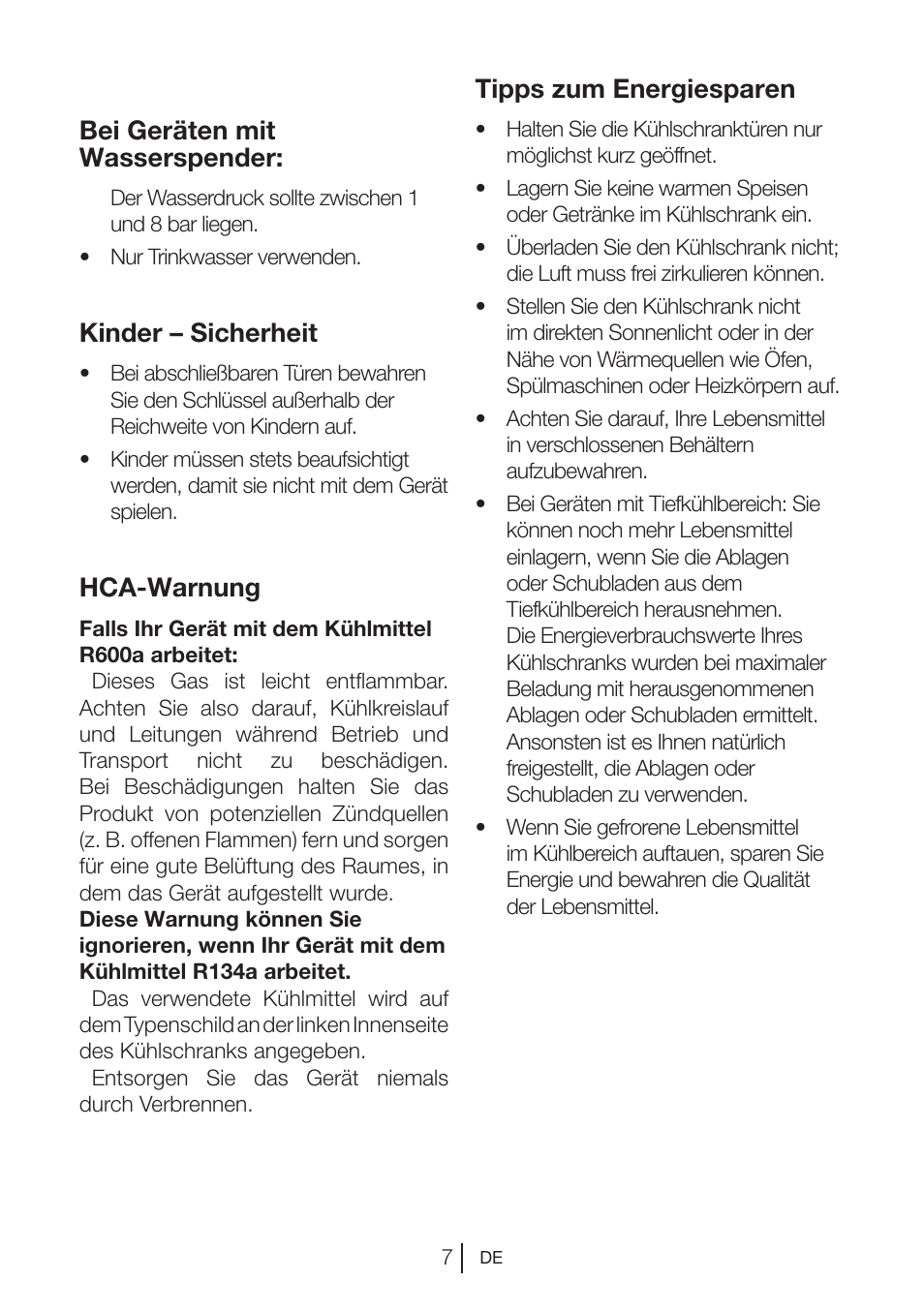 Bei geräten mit wasserspender, Kinder – sicherheit, Hca-warnung | Tipps zum energiesparen | Blomberg FTM 1531 A+ User Manual | Page 29 / 86
