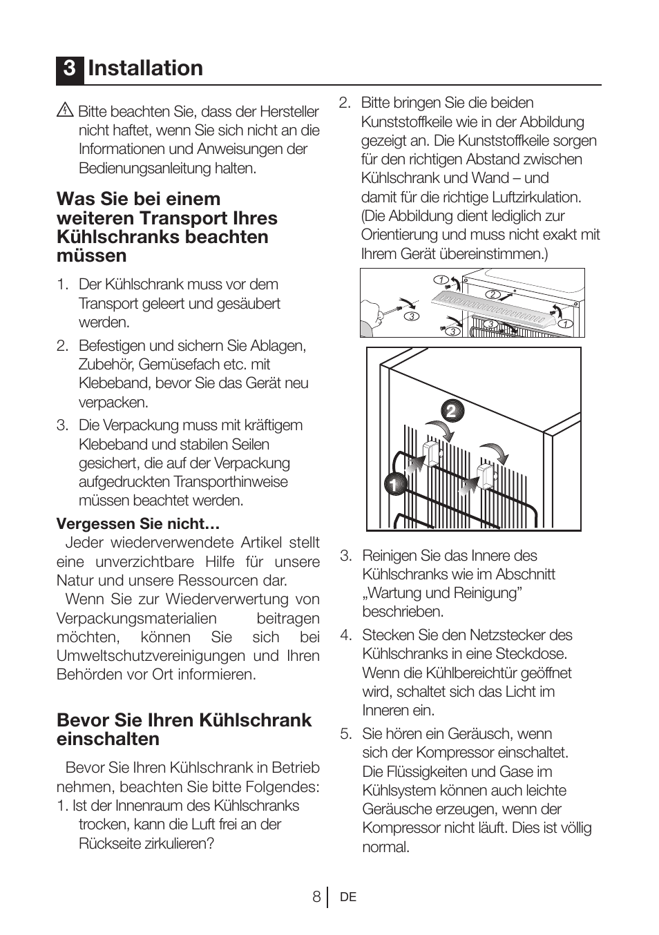 3installation, Bevor sie ihren kühlschrank einschalten | Blomberg FTM 1531 A+ User Manual | Page 30 / 86