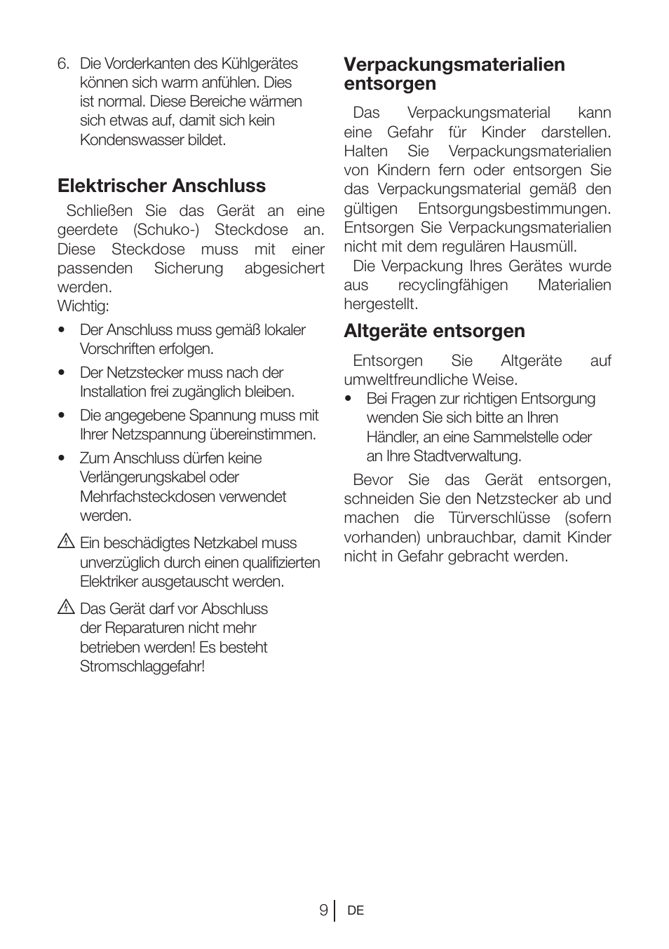 Elektrischer anschluss, Verpackungsmaterialien entsorgen, Altgeräte entsorgen | Blomberg FTM 1531 A+ User Manual | Page 31 / 86