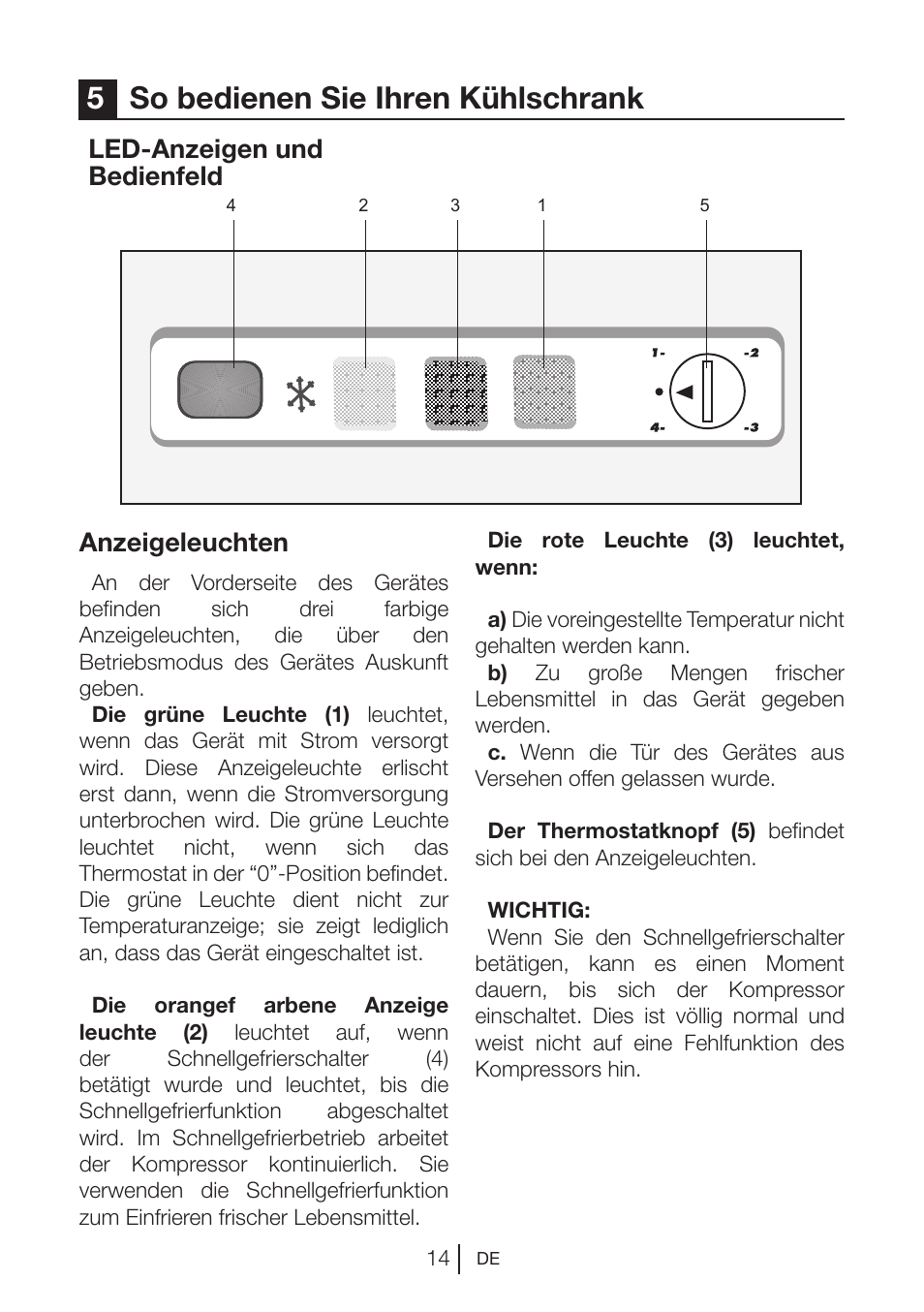 5so bedienen sie ihren kühlschrank, Led-anzeigen und bedienfeld, Anzeigeleuchten | Blomberg FTM 1531 A+ User Manual | Page 36 / 86