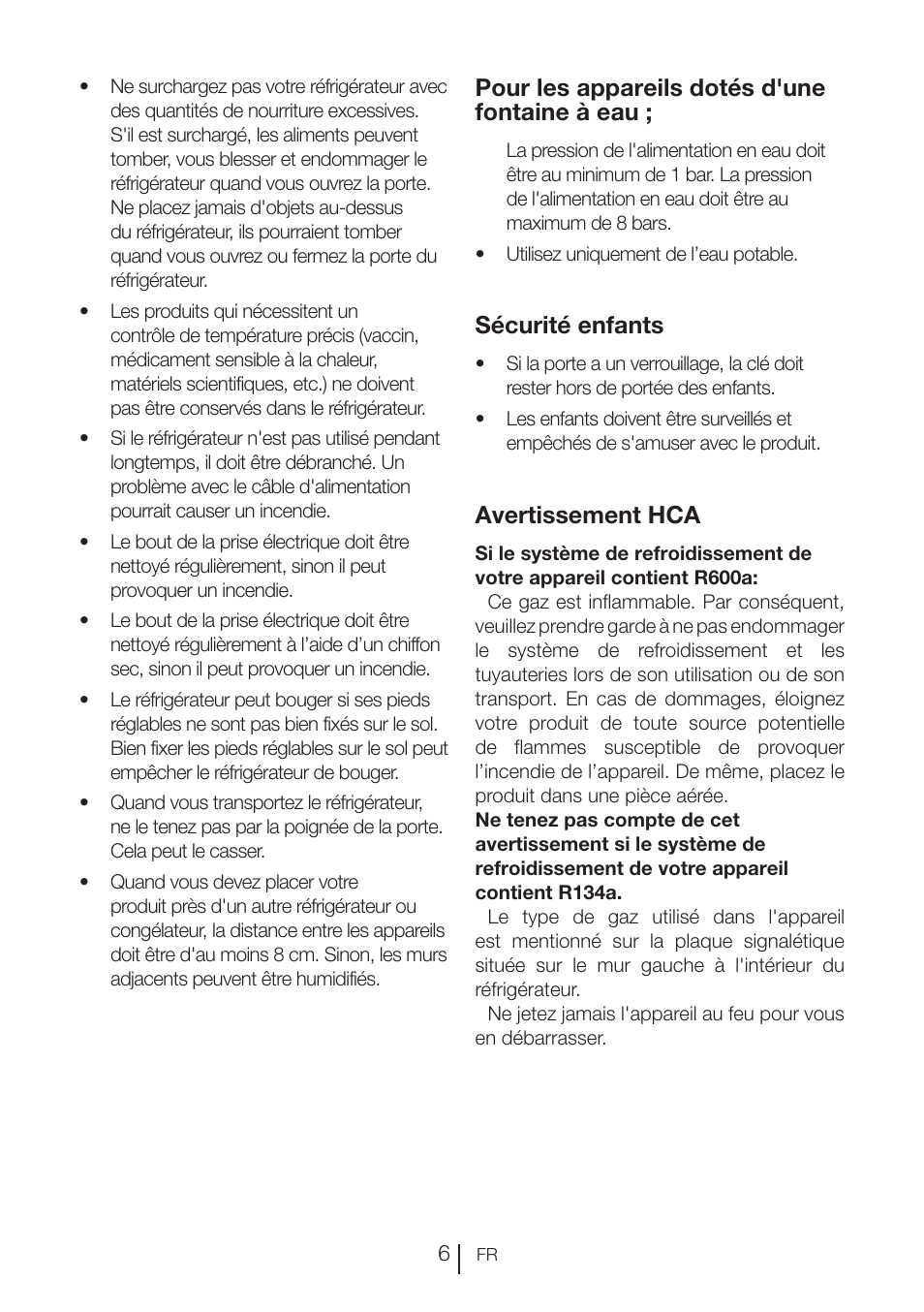 Pour les appareils dotés d'une fontaine à eau, Sécurité enfants, Avertissement hca | Blomberg FTM 1531 A+ User Manual | Page 49 / 86