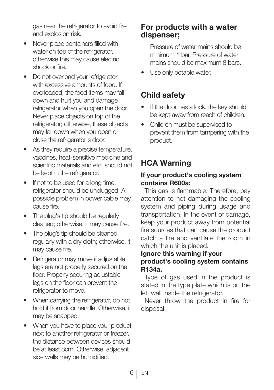 For products with a water dispenser, Child safety, Hca warning | Blomberg FTM 1531 A+ User Manual | Page 7 / 86