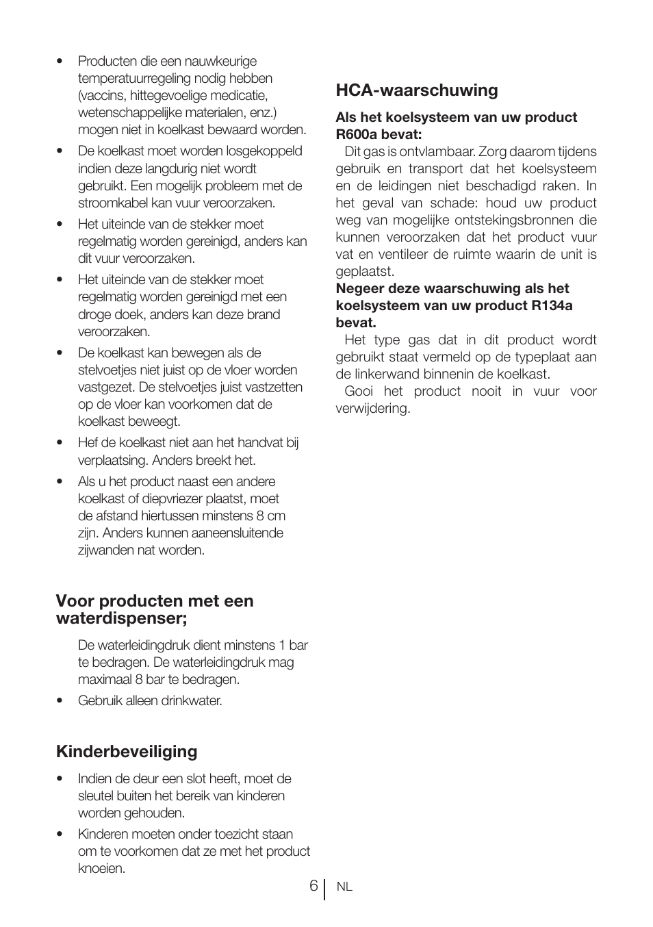 Voor producten met een waterdispenser, Kinderbeveiliging, Hca-waarschuwing | Blomberg FTM 1531 A+ User Manual | Page 70 / 86